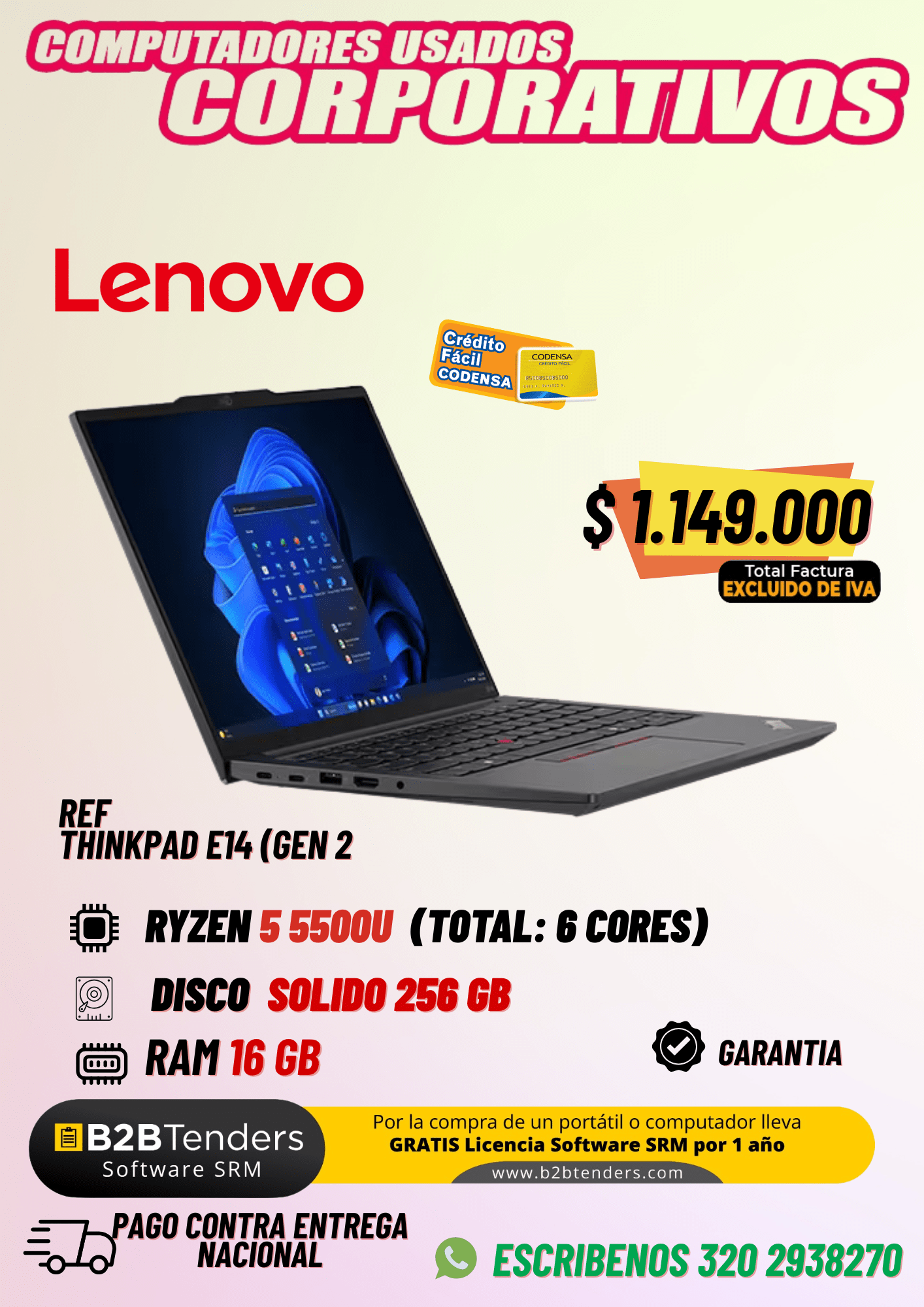 Lenovo ThinkPad E14 Gen 2 | Ryzen 5 5500U | 16GB RAM | 256GB SSD | $1.149.000 | Portátil Corporativo Usado